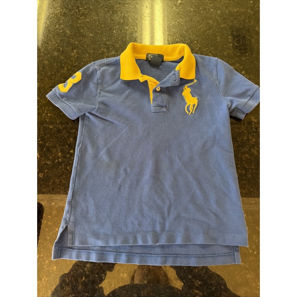 Ralph Lauren Polo Big Polo Shirt Blue Yellow Sz 5 Boys Preppy Spring 3 On Sleeve